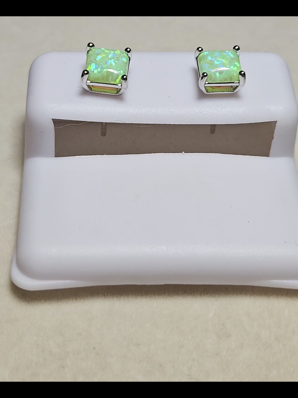 Green Natural Opal Square Stud Earrings - 925 Sterling Silver - Picture 5 of 11